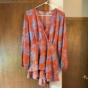 Chic Orange Floral Long Sleeve Dress